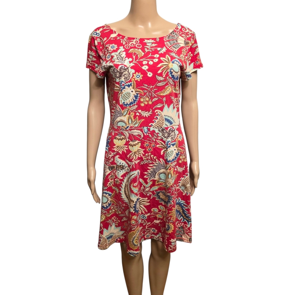 Chaps Red Floral Short Sleeve Fit n Flare Dress Size L - Picture 2 of 10